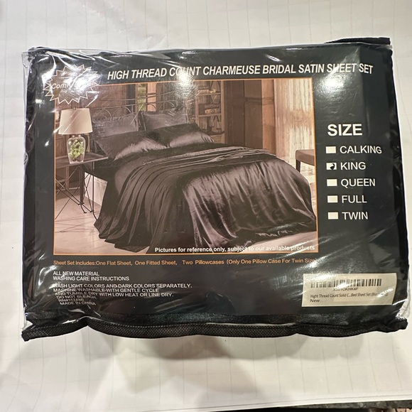 High Thread Ct Solid Soft Silky Charmeuse Satin Super Soft Bed Sheet Set Black - Picture 2 of 5